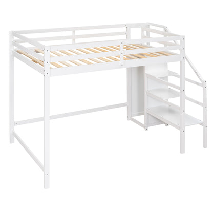 Full Size Loft Bed with Built-in Storage Wardrobe and Staircase,White