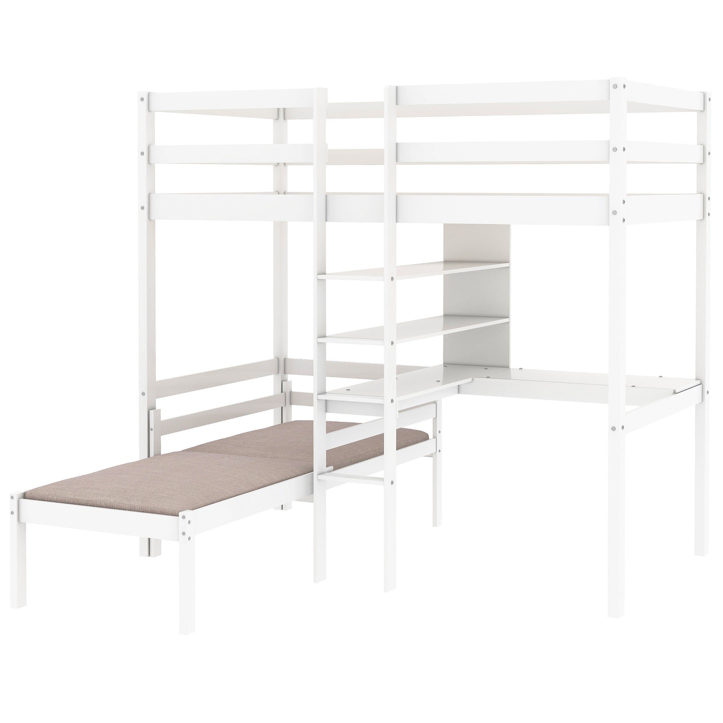 Convertible Loft Bed with L-Shape Desk, Twin Bunk Bed with Shelves and Ladder, White(OLD SKU:SM000209AAK-1)