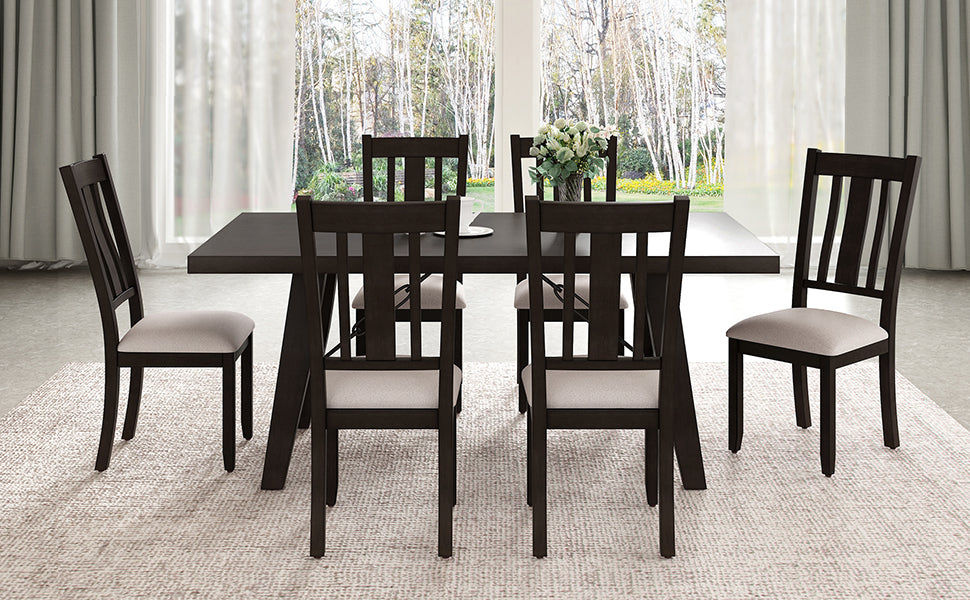 TREXM 7-Piece Dining Room Set - 72" Industrial Style Rectangular Table with Chain Bracket and 6 Dining Chairs (Espresso)