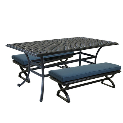 3 Piece Patio Aluminum Dining Set, Rectangle Table with 2 Cushioned Benches, Sapphire Blue