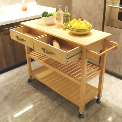 Kitchen Island & Kitchen Cart, Mobile Kitchen Island with Two Lockable Wheels, Rubber Wood Top, Simple Design & Natural Color Give More Imagination of Party Scene.