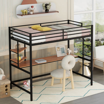 Twin Metal Loft Bed with Desk and Shelve,Black