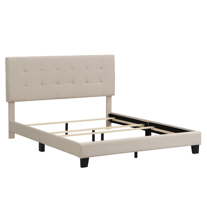 Upholstered Platform Bed with Tufted Headboard, Box Spring Needed, Beige Linen Fabric, Queen Size
