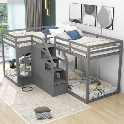 Twin over Twin L-Shaped Bunk Bed with Built-in Middle Staircase,Gray