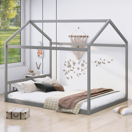 Queen Size Wooden House Bed with Headboard,Gray