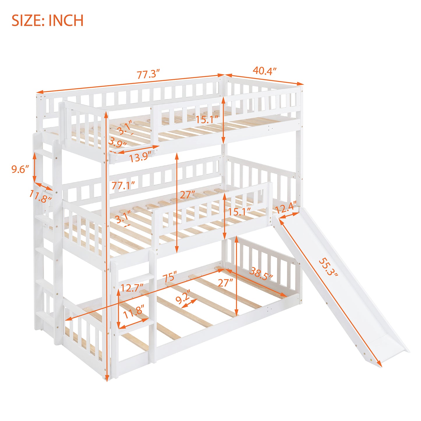 Twin-Over-Twin-Over-Twin Triple Bed with Built-in Ladder and Slide, Triple Bunk Bed with Guardrails, White(OLD SKU: LP000051AAK)