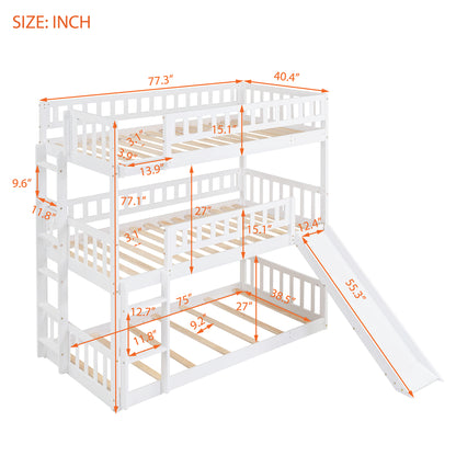 Twin-Over-Twin-Over-Twin Triple Bed with Built-in Ladder and Slide, Triple Bunk Bed with Guardrails, White(OLD SKU: LP000051AAK)