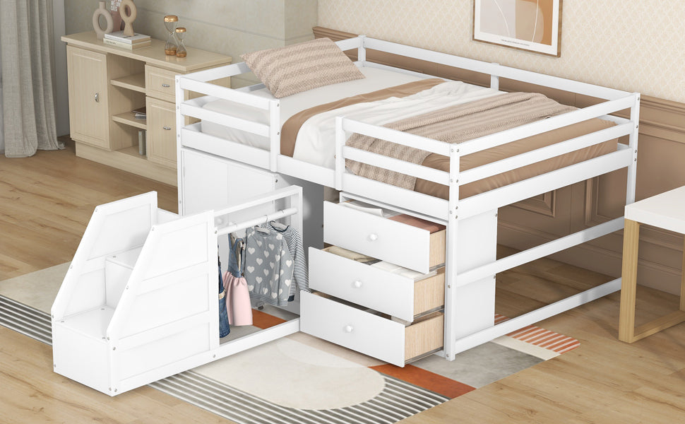 Full Size Functional Loft Bed with Cabinets and Drawers, Hanging Clothes at the back of the Staircase, White