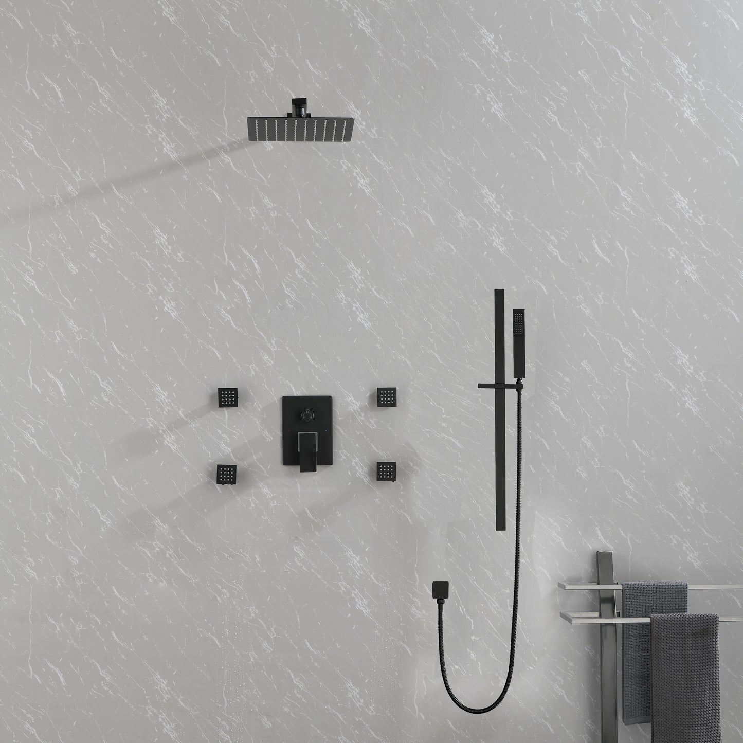 Shower System 10Inch Square Bathroom Luxury Rain Mixer Shower Combo Set Pressure Balanced Shower System with Shower Head, Hand Shower, Slide Bar, Shower Arm, Hose, and Valve Trim