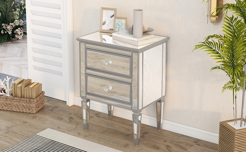 Elegant Mirrored Nightstand with 2 Drawers, Modern Silver Finished End Table Side Table for Living Room Bedroom