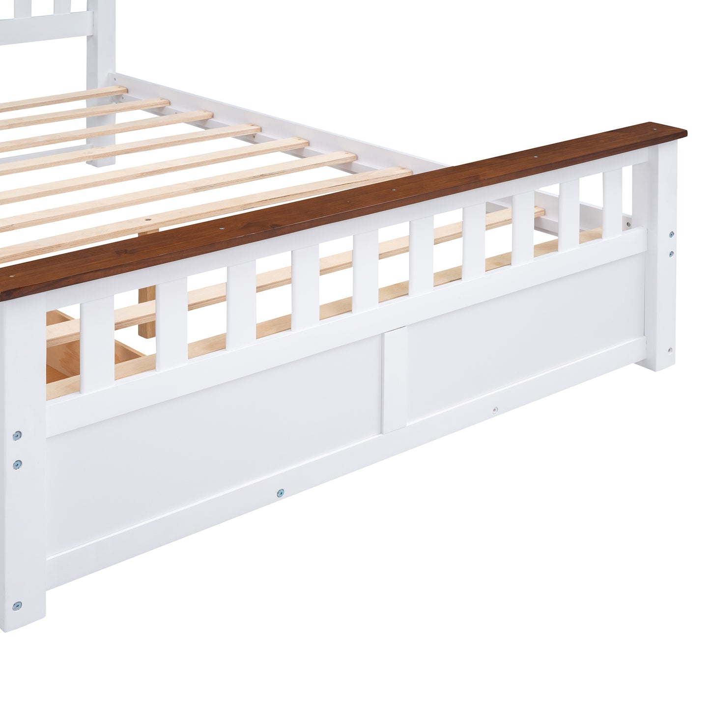 Queen Size Wood Platform Bed with Two Drawers and Wooden Slat Support,White+walnut