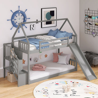 Twin over Twin House Bunk Bed with Slide and Storage Staircase,Grey