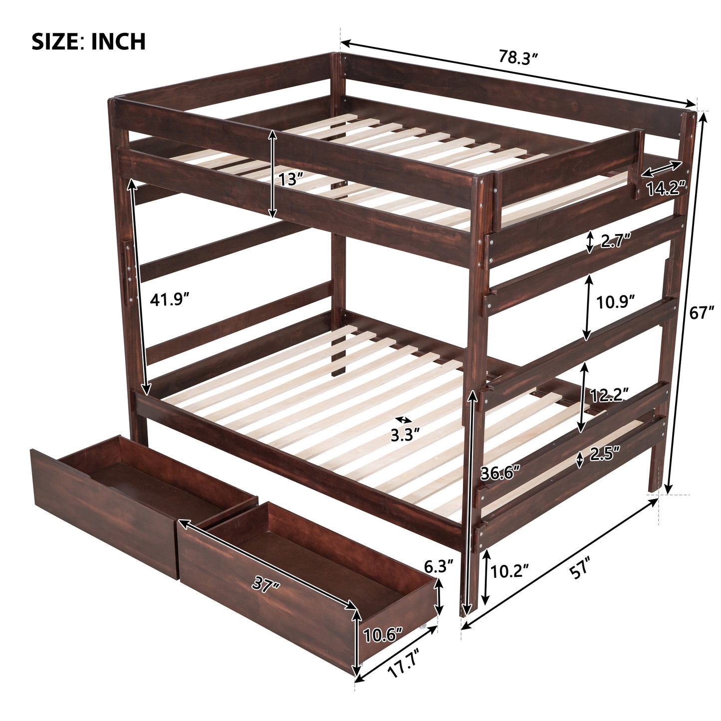 Full over Full Wood Bunk Bed with 2 Drawers, Espresso