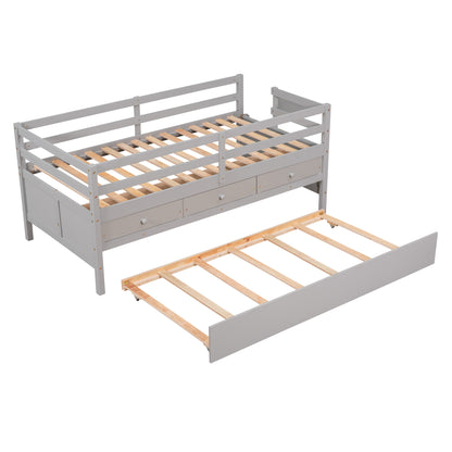 Low Loft Bed Twin Size with Full Safety Fence, Climbing ladder, Storage Drawers and Trundle Gray Solid Wood Bed