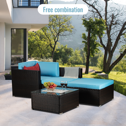 Outdoor Garden Patio Furniture 4-Piece Brown PE Rattan Wicker Sectional Blue Cushioned Sofa Sets with 1 Red Pillow