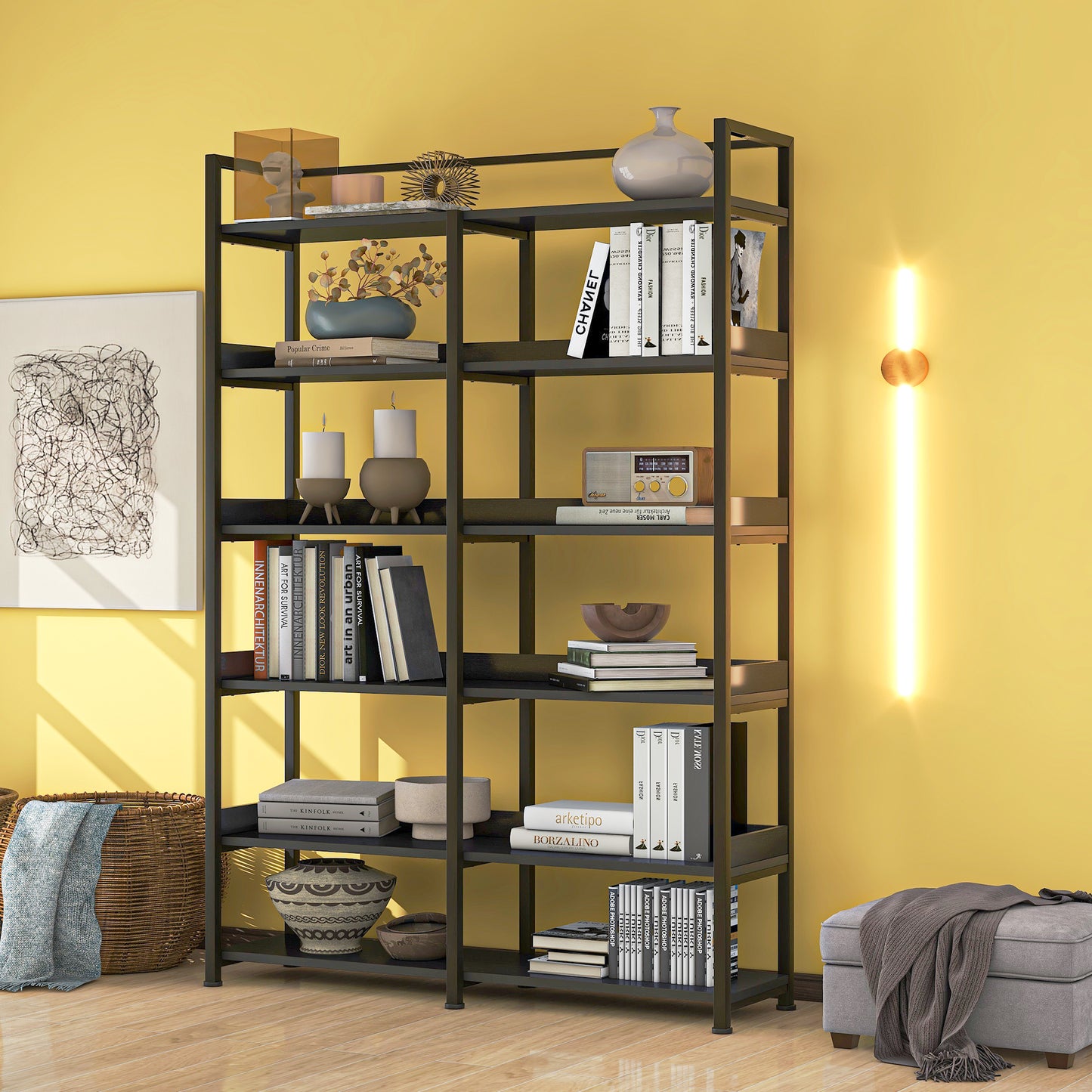 70.8 Inch Tall Bookshelf MDF Boards Stainless Steel Frame, 6-tier Shelves with Back&Side Panel, Adjustable Foot Pads, Black