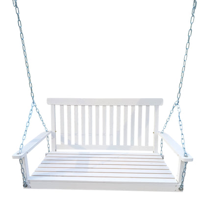 Front Porch Swing with Armrests, Wood Bench Swing with Hanging Chains,for Outdoor Patio ,Garden Yard, porch, backyard,  or sunroom,Easy to Assemble,white