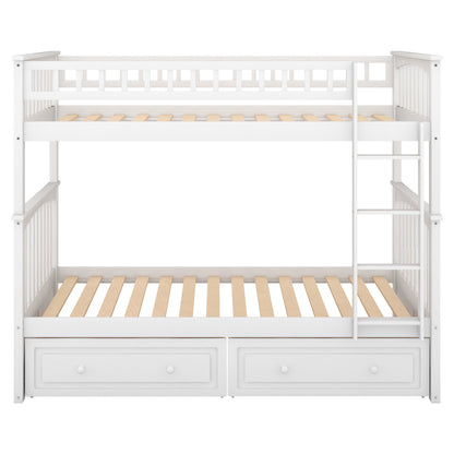 Twin over Twin Bunk Bed with Drawers, Convertible Beds, White