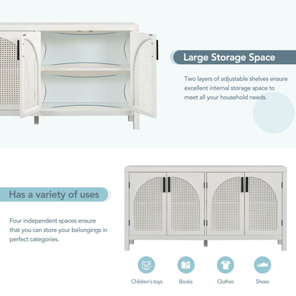 TREXM Large Storage Space Sideboard with Artificial Rattan Door and metal handles for Living Room and Entryway (White)