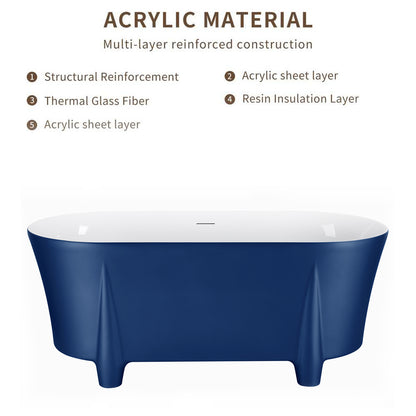 59" 100% Acrylic Freestanding Bathtub，Contemporary Soaking Tub，white inside and blue outside，Four corner bathtub