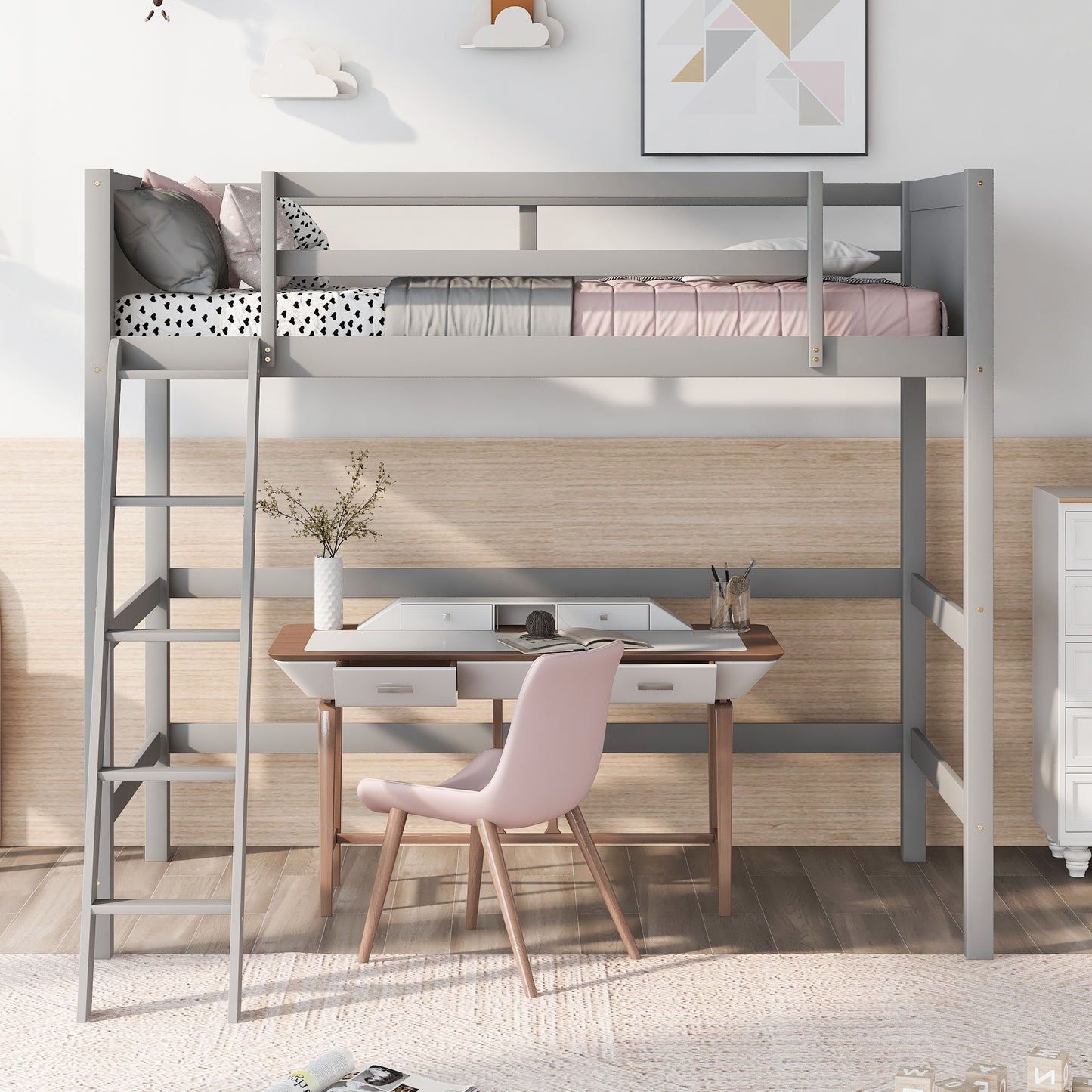 Solid Wood Twin Size Loft Bed with Ladder(Gray)(OLD SKU: WF191903AAE)