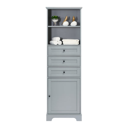 Grey Tall Storage Cabinet with 3 Drawers and Adjustable Shelves for Bathroom, Kitchen and Living Room, MDF Board with Painted Finish