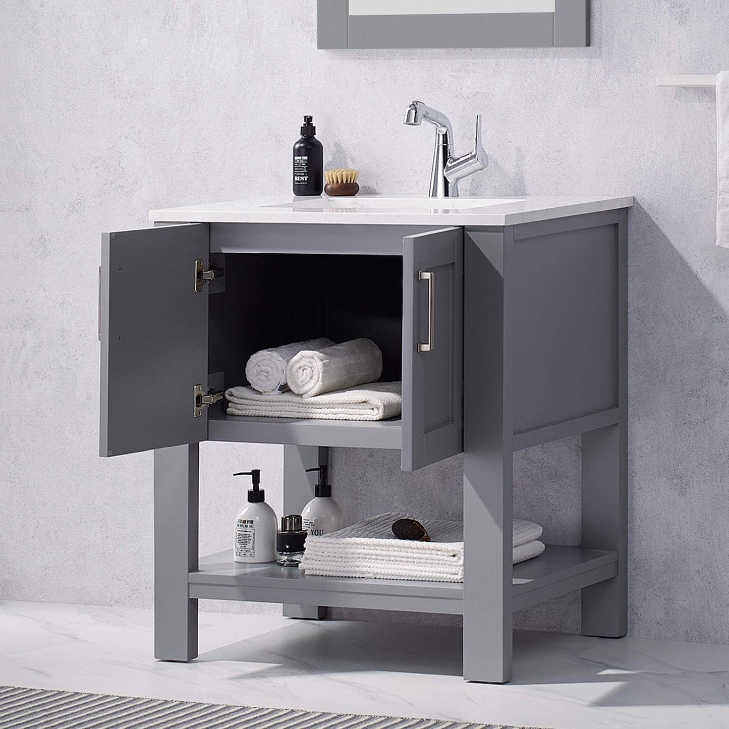 F&R Gray Bathroom Vanity with Sink 30 Inch Bathroom Vanity Canbinet Modern Bathroom Sink Vanity with Marble Countertop and White Ceramic Sink