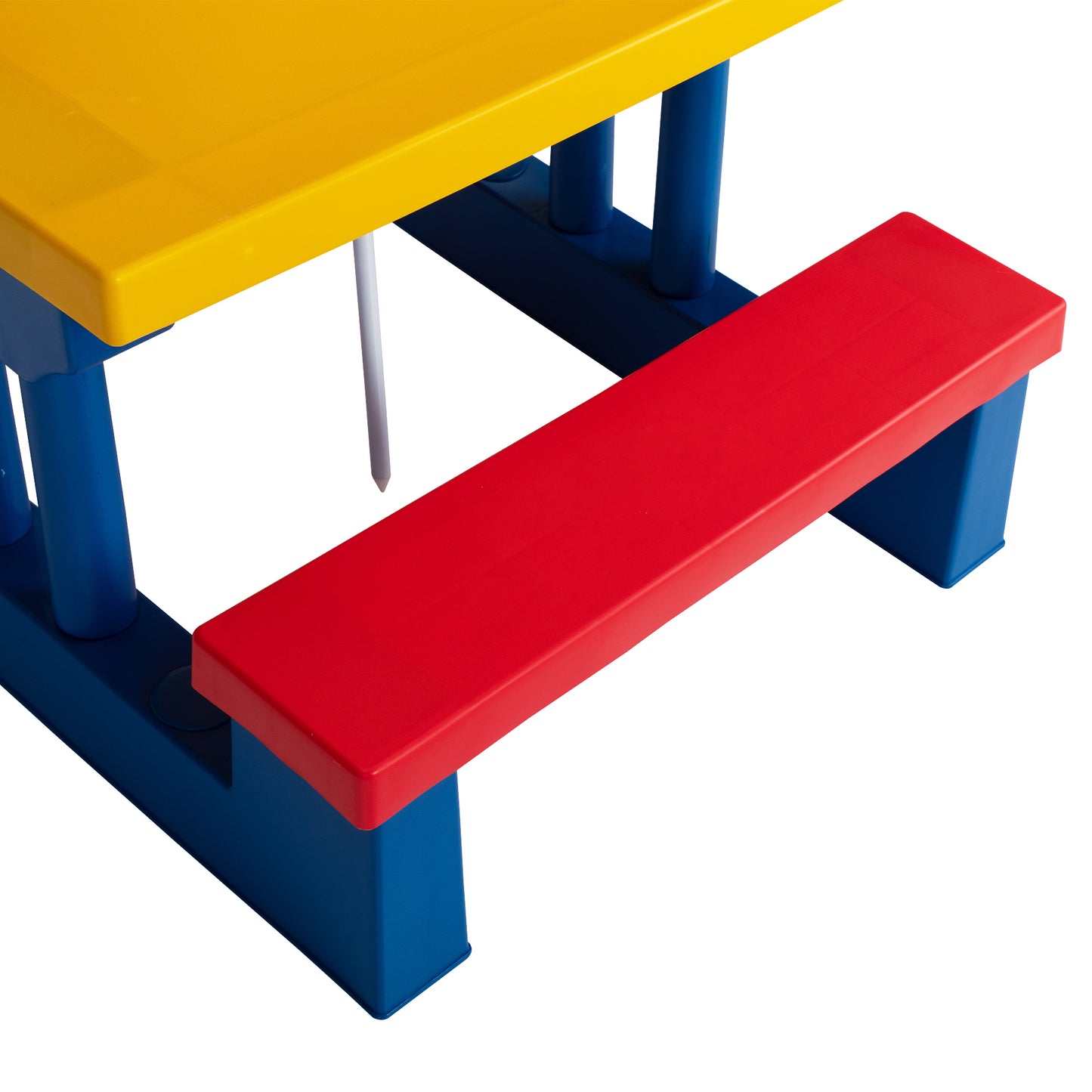 Kids Picnic Table with Removable Umbrella, Indoors and Outdoors Table and Bench Set for Toddlers, Garden Backyard, Red Yellow and Blue