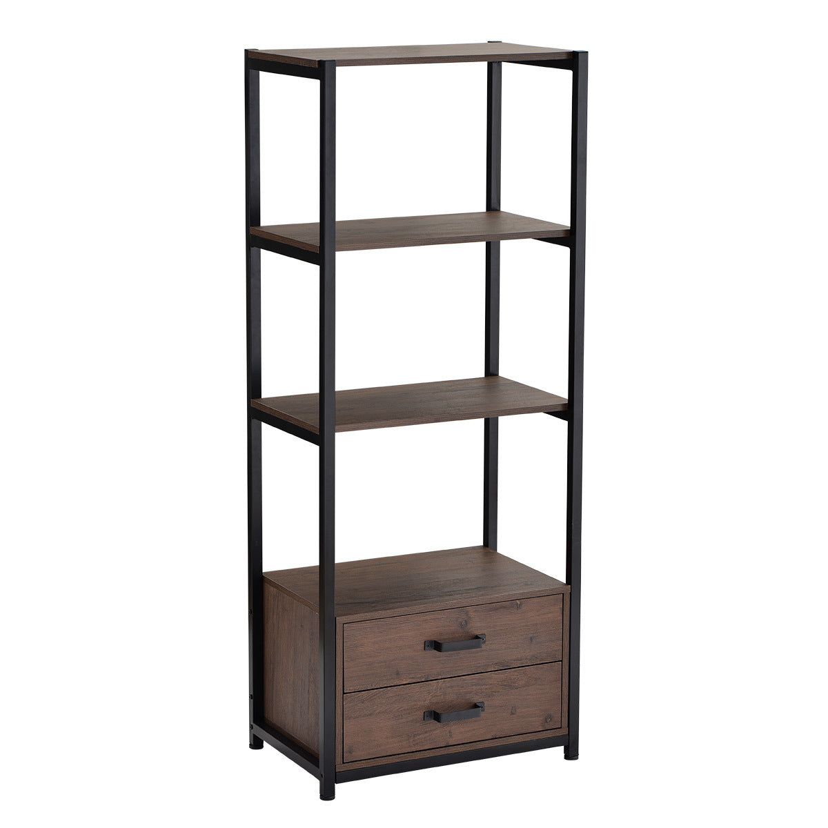 Home Office 4-Tier Bookshelf, Simple Industrial Bookcase Standing Shelf Unit Storage Organizer with 4 Open Storage Shelves and Two Drawers, Brown