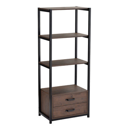 Home Office 4-Tier Bookshelf, Simple Industrial Bookcase Standing Shelf Unit Storage Organizer with 4 Open Storage Shelves and Two Drawers, Brown