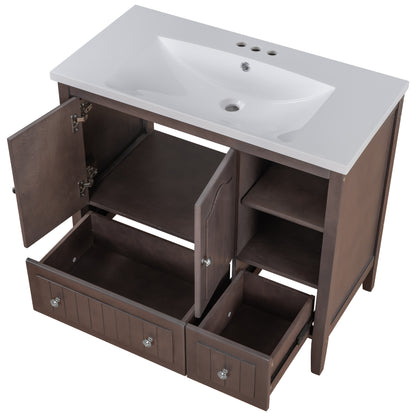 [VIDEO] 36" Bathroom Vanity with Ceramic Basin, Bathroom Storage Cabinet with Two Doors and Drawers, Solid Frame, Metal Handles, Brown