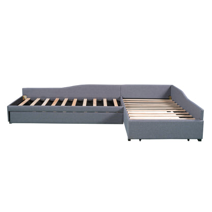 Upholstered Double Twin Size Daybed with Trundle and Drawer, Gray