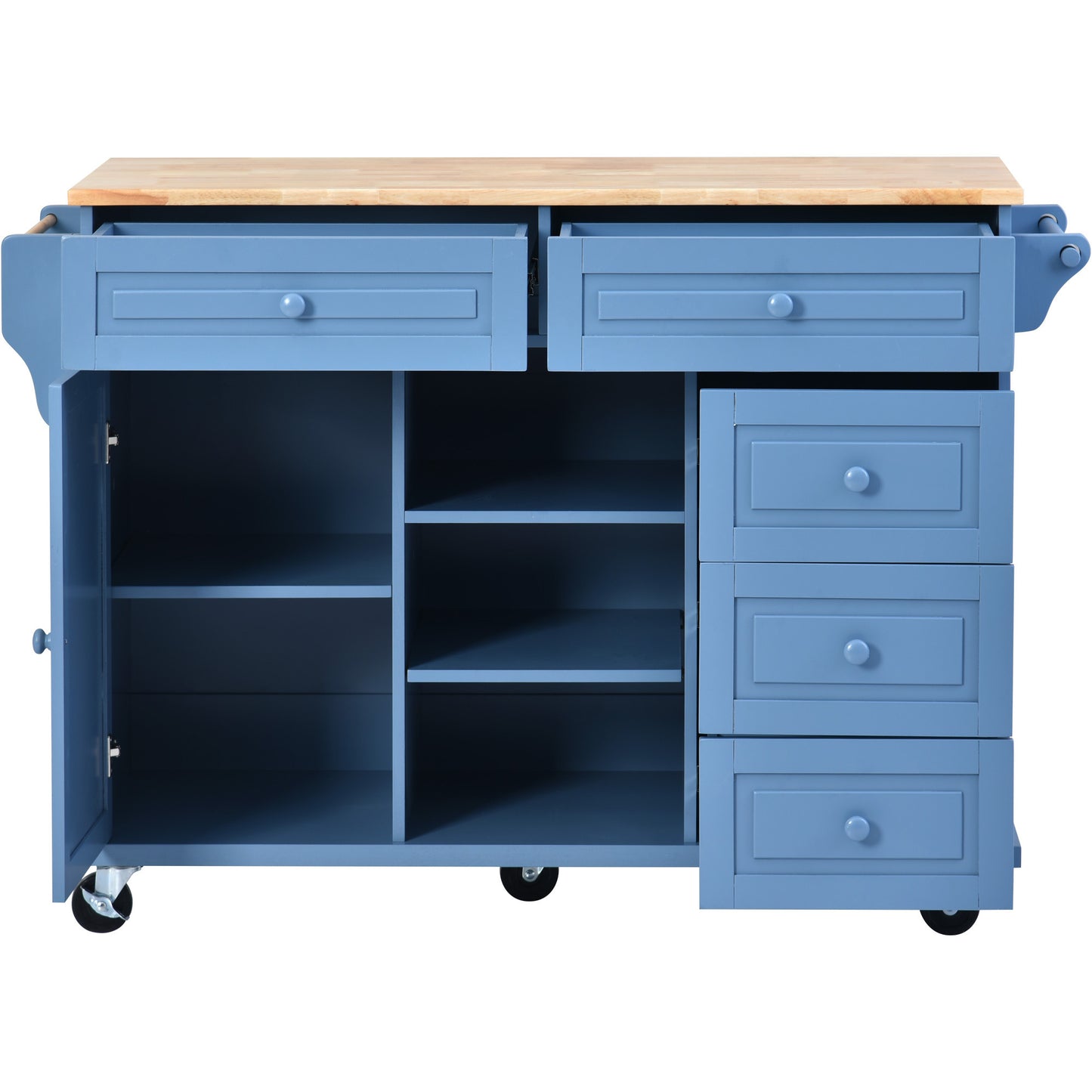 K&K kitchen cart with Rubber wood desktop rolling mobile kitchen island with storage and 5 draws 53 Inch width （Blue）