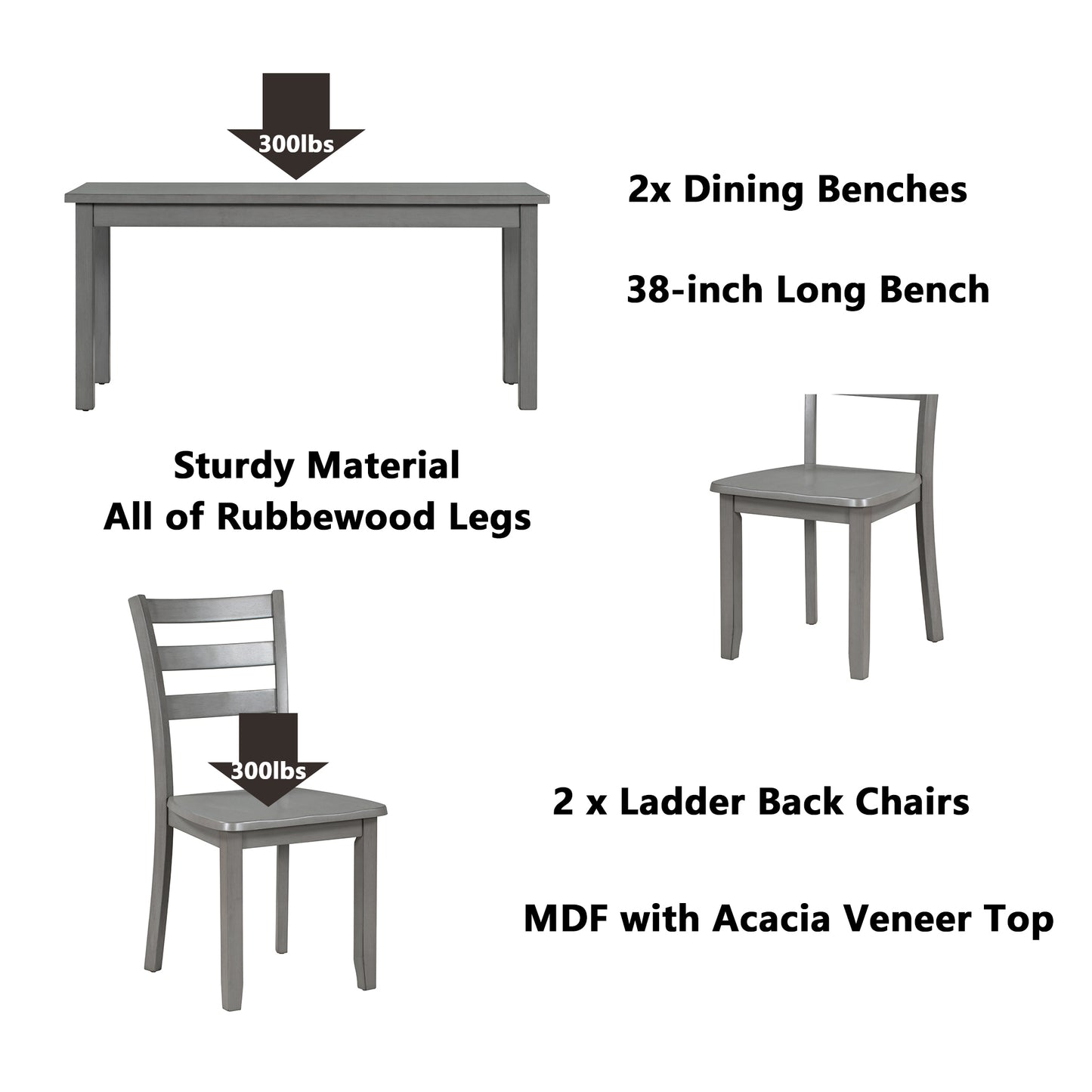 TOPMAX 5-piece Wooden Dining Set, Kitchen Table with 2 Dining Chairs and 2 Benches, Farmhouse Rustic Style, Gray