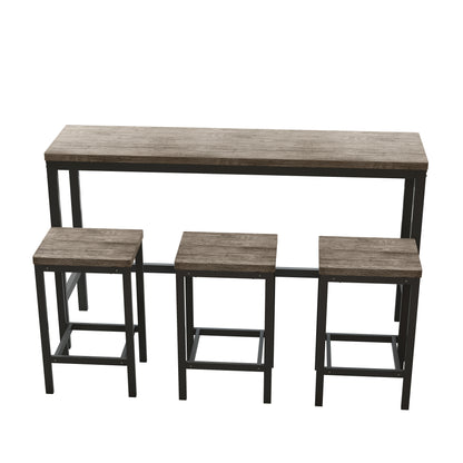 Modern Design Kitchen Dining Table，Pub Table，Long Dining Table Set with 3 Stools，Easy Assembly， Brown Gray