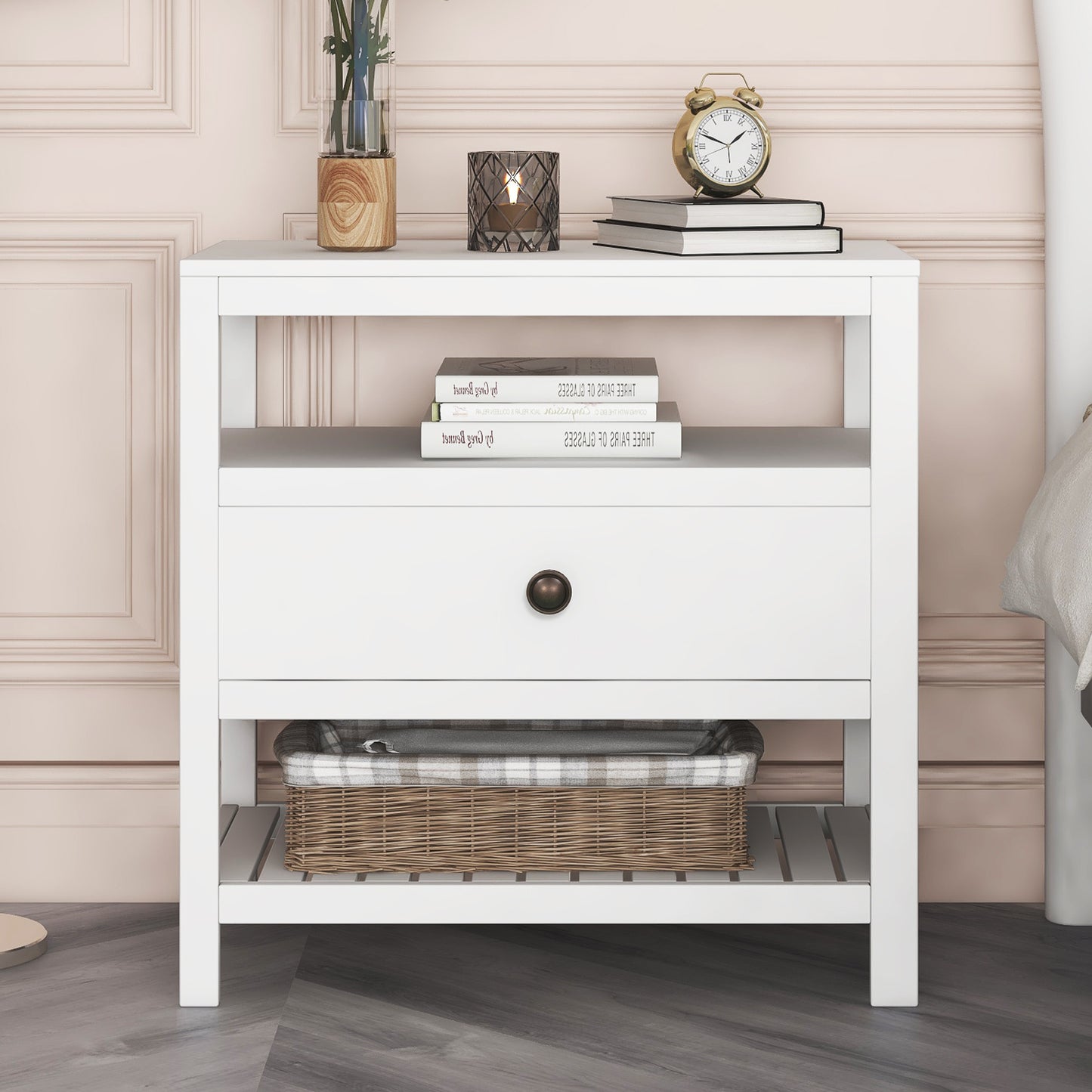 Modern Wooden Nightstand with Drawers Storage for Living Room/Bedroom, White