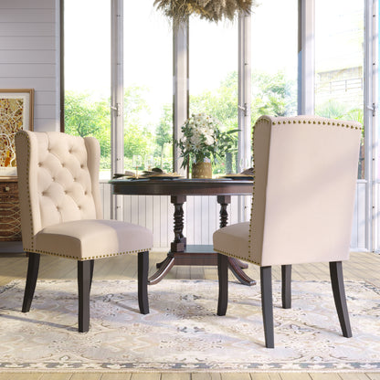 TREXM Cotton Fabric Dining Chairs Set of 2, Upholstered Dining Room Chairs with Solid Wood Legs, Wingback and Button Tufting (Beige)