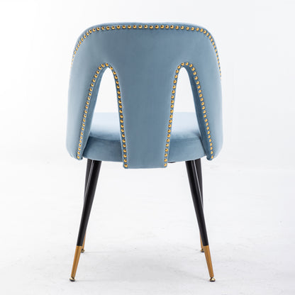 A&A Furniture,Akoya Collection Modern | Contemporary Velvet Upholstered Dining Chair with Nailheads and Gold Tipped Black Metal Legs, Light Blue，Set of 2