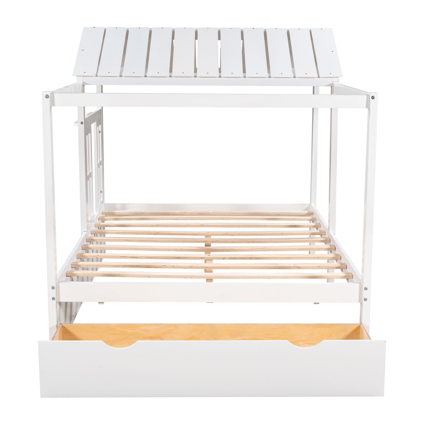 Full Size House Bed with Roof, Window and Drawer - White