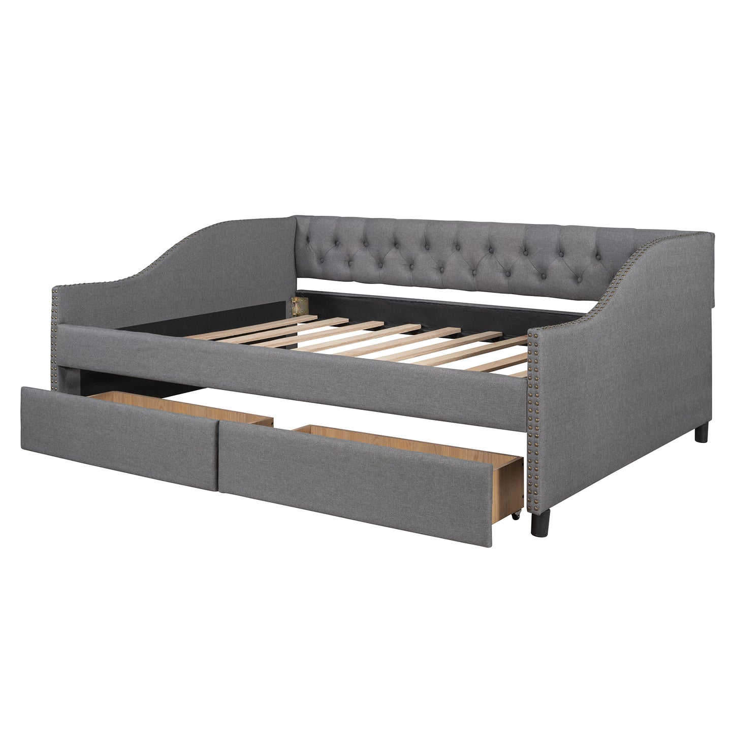 Upholstered daybed with Two Drawers, Wood Slat Support, Gray, Full Size(OLD SKU :LP001111AAE)