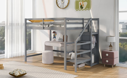 Full Size Loft Bed with Built-in Storage Wardrobe and Staircase,Gray