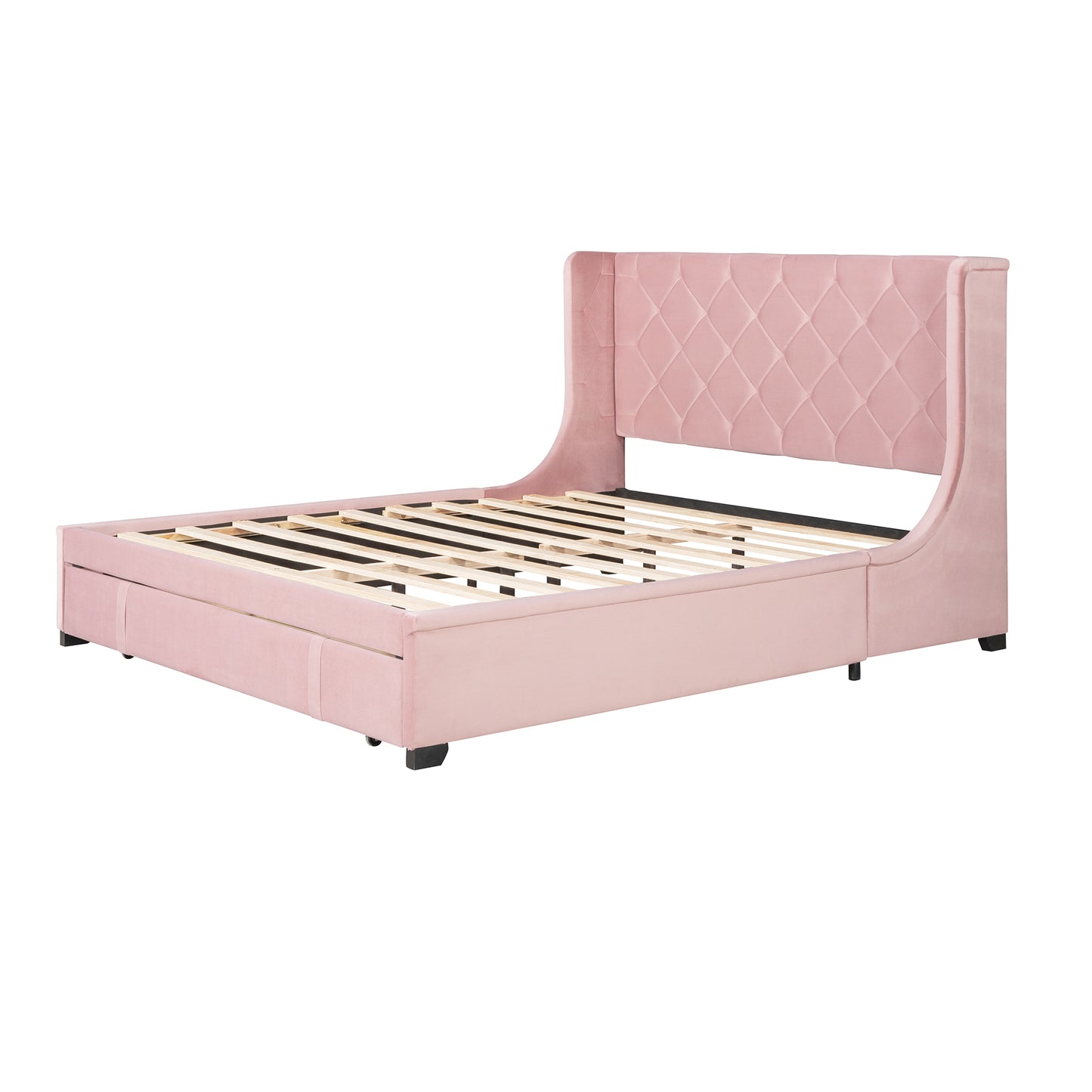 Queen Size Storage Bed Velvet Upholstered Platform Bed with Wingback Headboard and a Big Drawer (Pink)