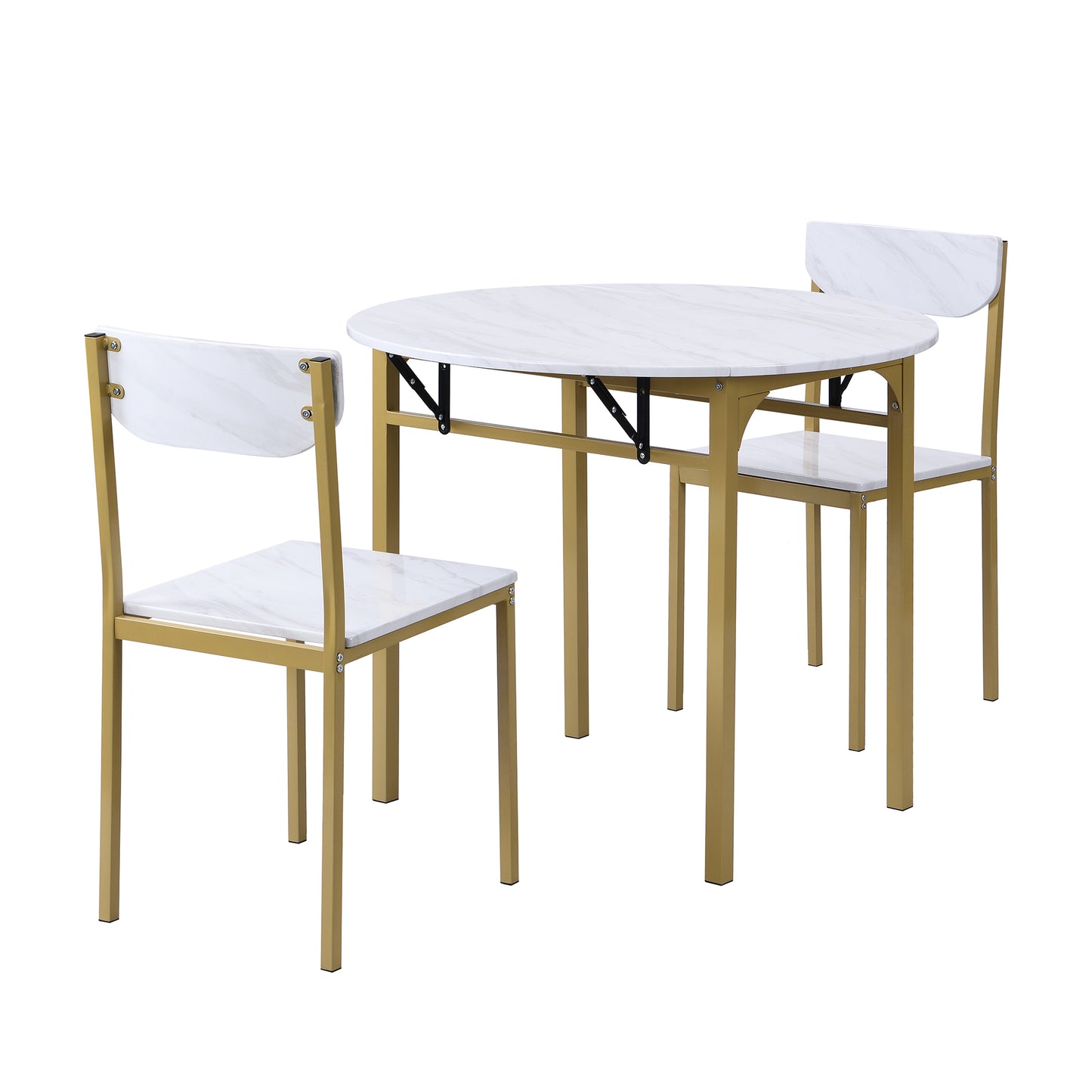 TOPMAX Modern 3-Piece Round Dining Table Set with Drop Leaf and 2 Chairs for Small Places,Golden Frame+Faux White Granite Finish