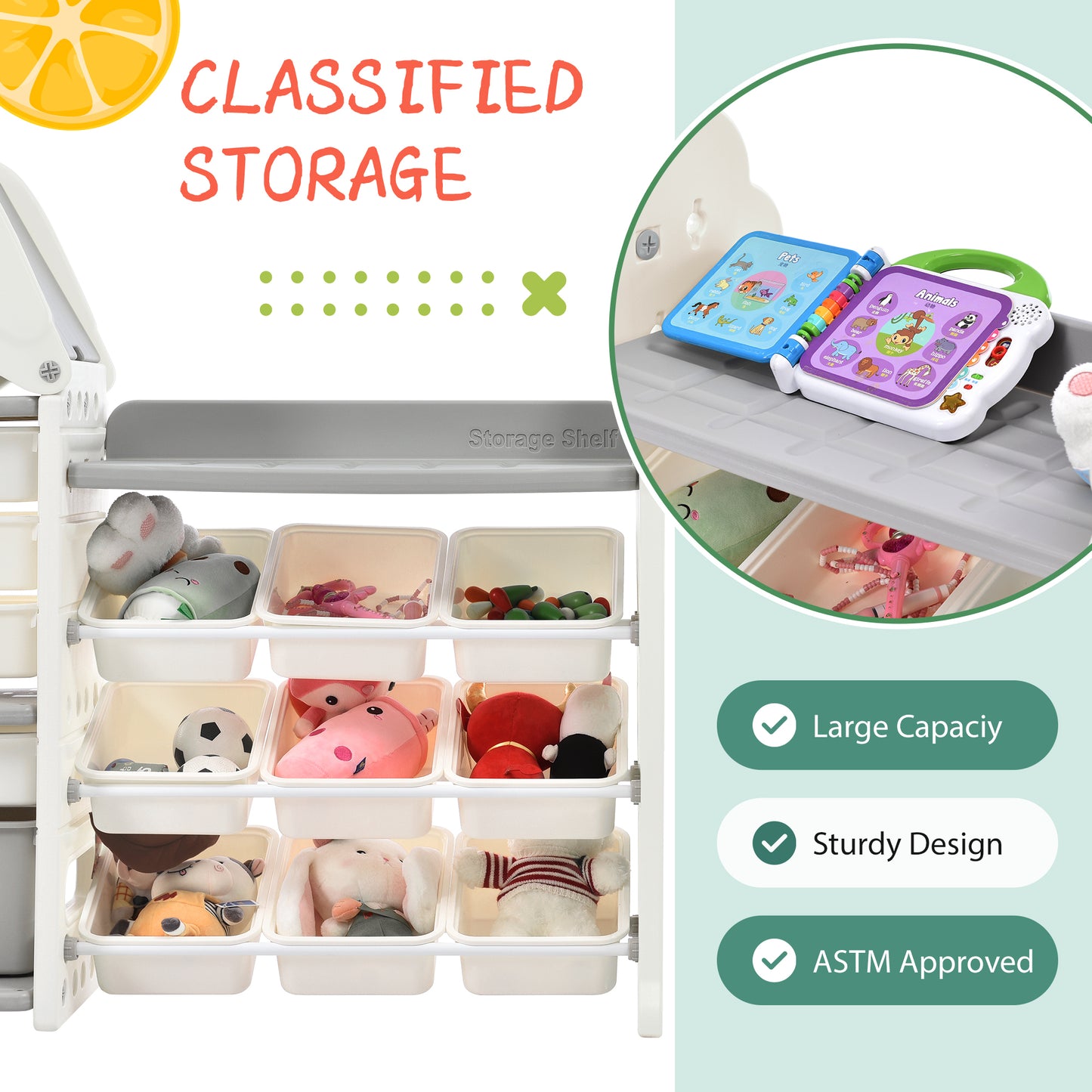 Kids Toy Storage Organizer with 14 Bins, Multi-functional Nursery Organizer Kids Furniture Set Toy Storage Cabinet Unit with HDPE Shelf and Bins for Playroom, Bedroom, Living Room