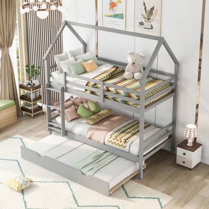 Twin over Twin House Bunk Bed with Trundle and Chimney Design,Gray