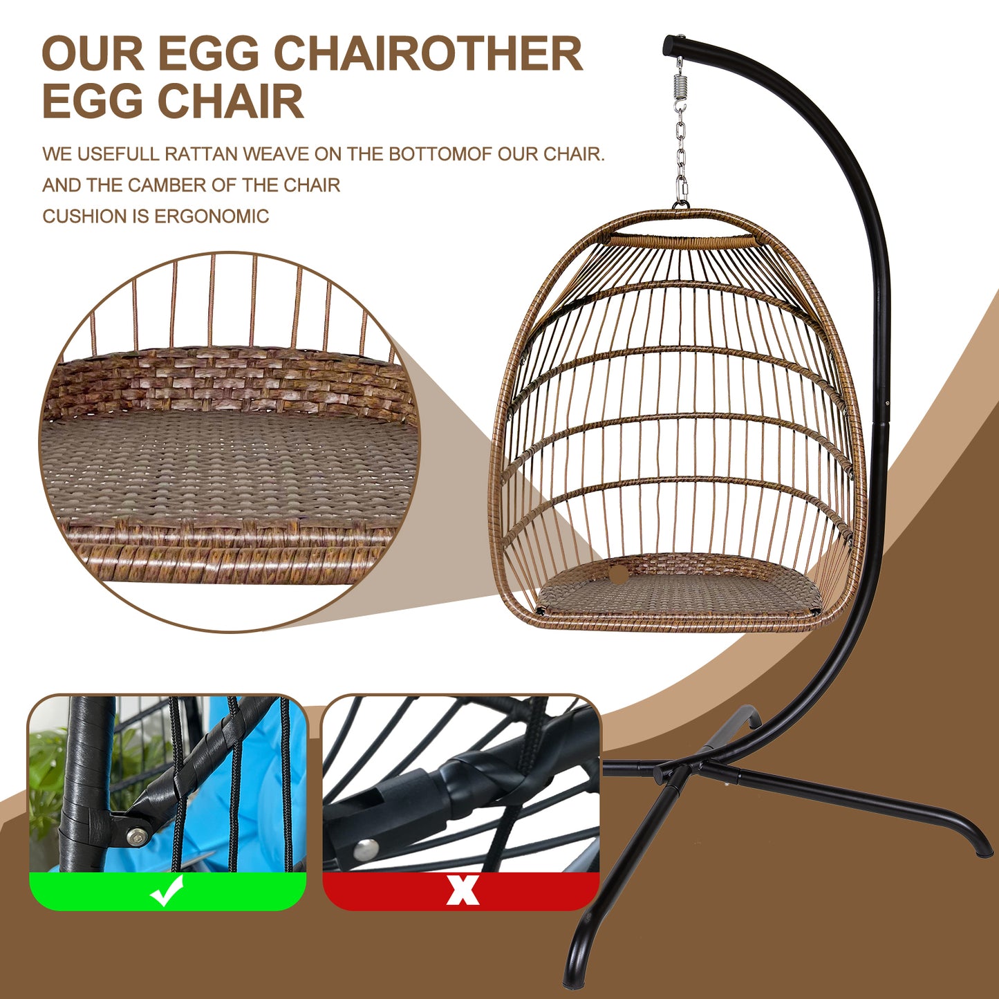 Swing Egg Chair with Stand Indoor Outdoor Wicker Rattan Patio Basket Hanging Chair with C Type bracket , with cushion and pillow,Patio Wicker folding Hanging Chair