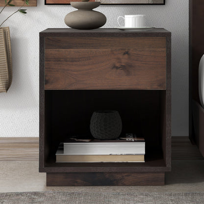 Mid-Century Modern Nightstand End Table Open Storage with  One Drawer, Dark Brown