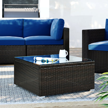 TOPMAX 6PCS Outdoor Patio Sectional All Weather PE Wicker Rattan Sofa Set with Glass Table, Blue Cushion+ Brown Wicker