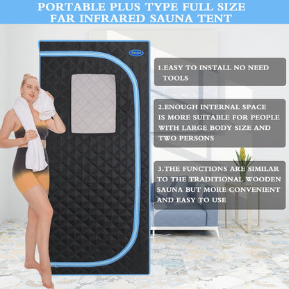 Portable Plus Type Full Size Far Infrared Sauna tent. Spa, Detox ,Therapy and Relaxation at home.Larger Space,Stainless Steel Pipes Connector Easy to Install.FCC Certification--Black(Blue binding)