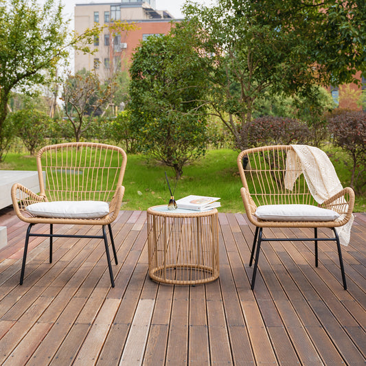 Balcony Furniture, 3 Piece Patio Set, Outdoor Wicker Chairs with Glass Top Table and Soft Cushion, Rattan Front Porch Furniture